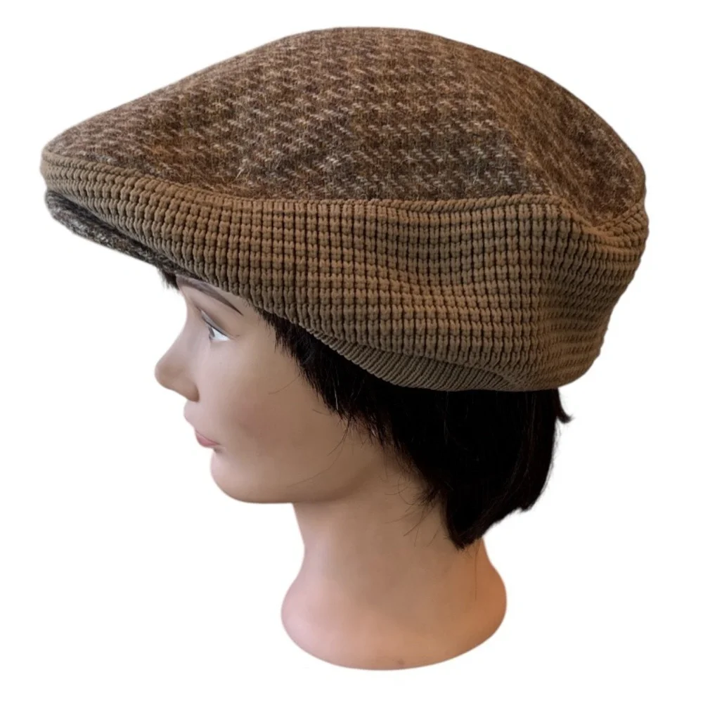 Vintage The Edinburgh Woolen Mill Pure Wool Brown Houdstooth Newsboy Cap Size OS